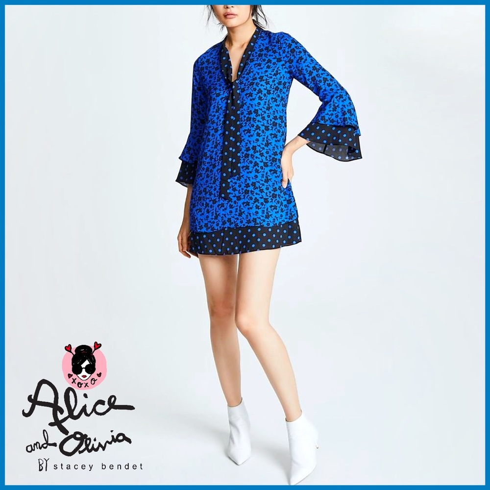 Alice + Olivia Wellesly Mixed Print Tie Neck Blue Black Mini Dress - Picture 5 of 16